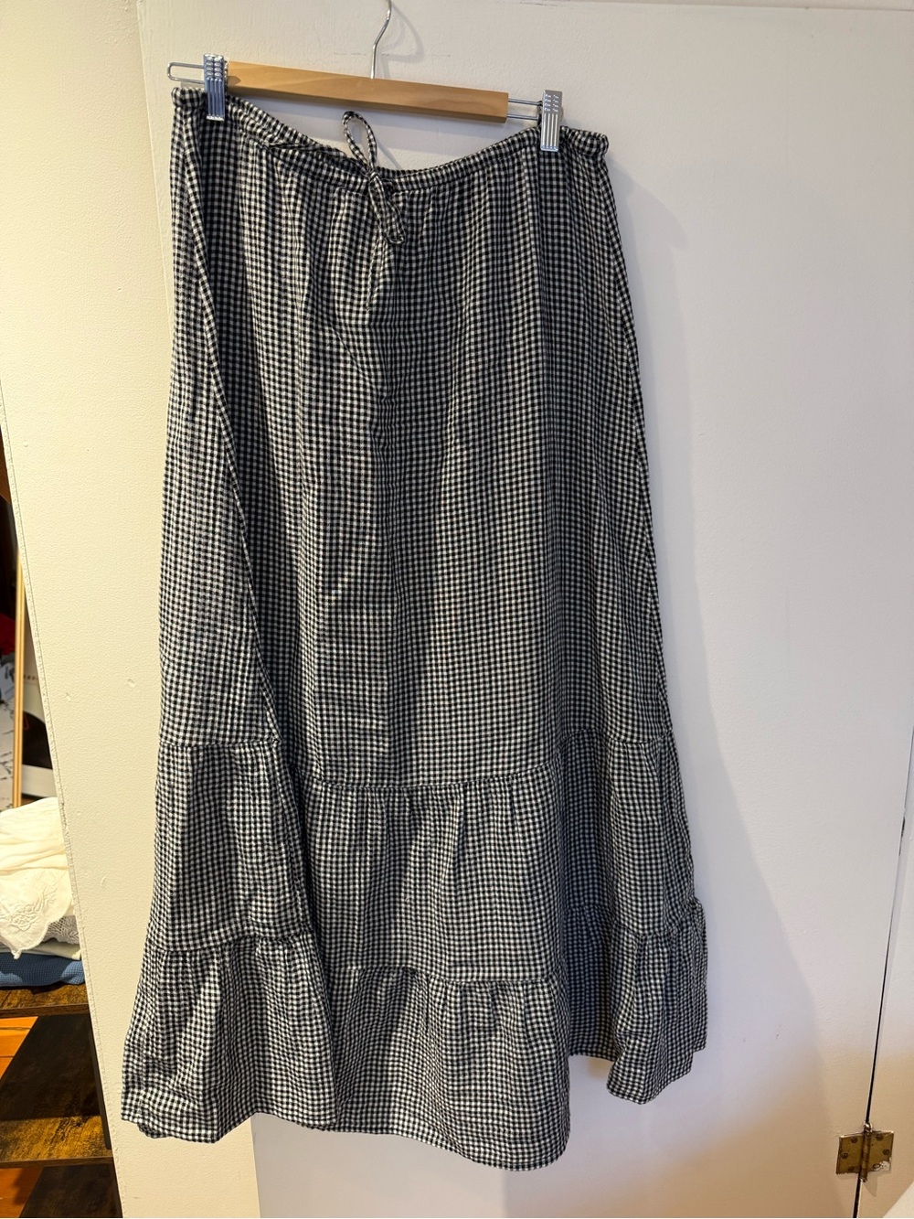 GAP Cotton Gauze Easy Tiered Maxi Skirt in Black Gingham Size L Tall